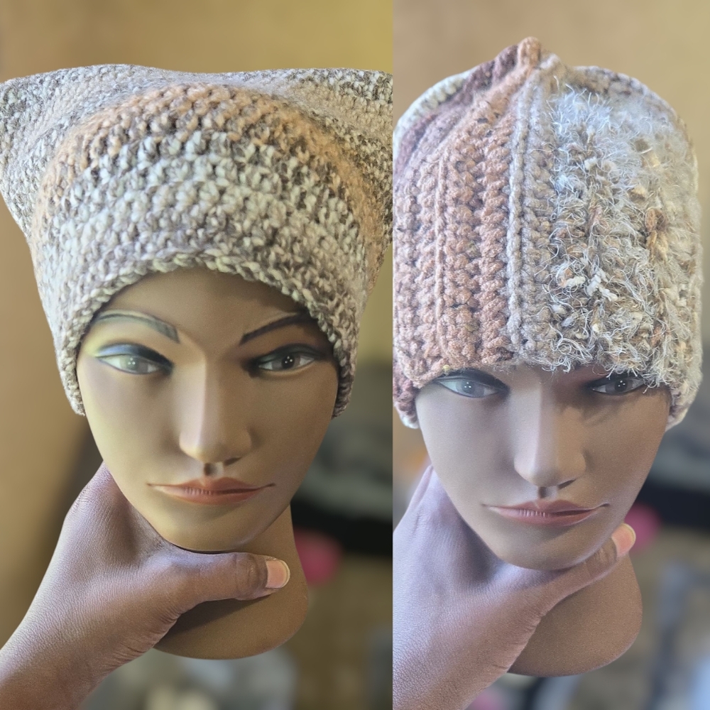 Multi-Browns Beanie&Cat Beanie Bundle, Adult Size, Handmade Crochet, Y2k